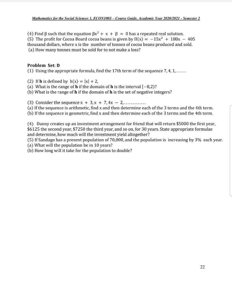 Solved Mathematics For The Social Sciences 1 Econ1003 Chegg Com