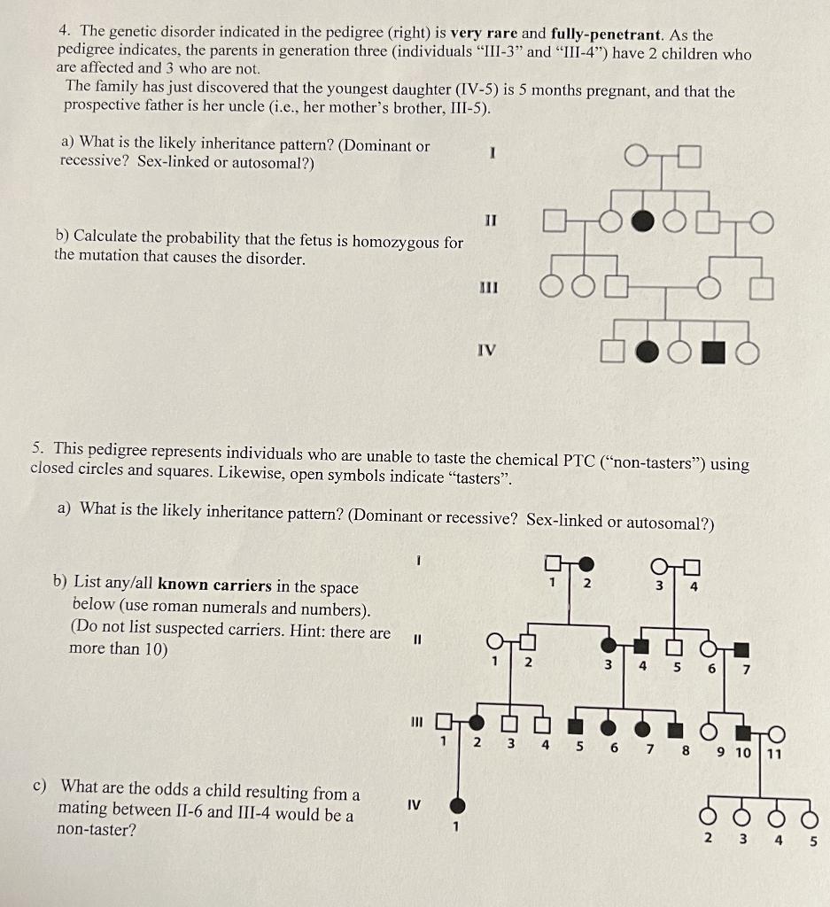 Solved 4. The genetic disorder indicated in the pedigree | Chegg.com