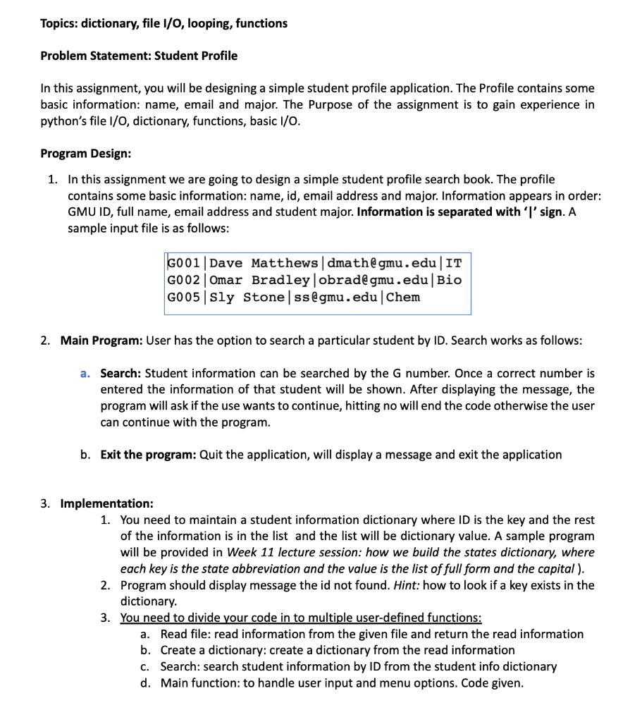 Solved Topics: dictionary, file 1/0, looping, functions | Chegg.com