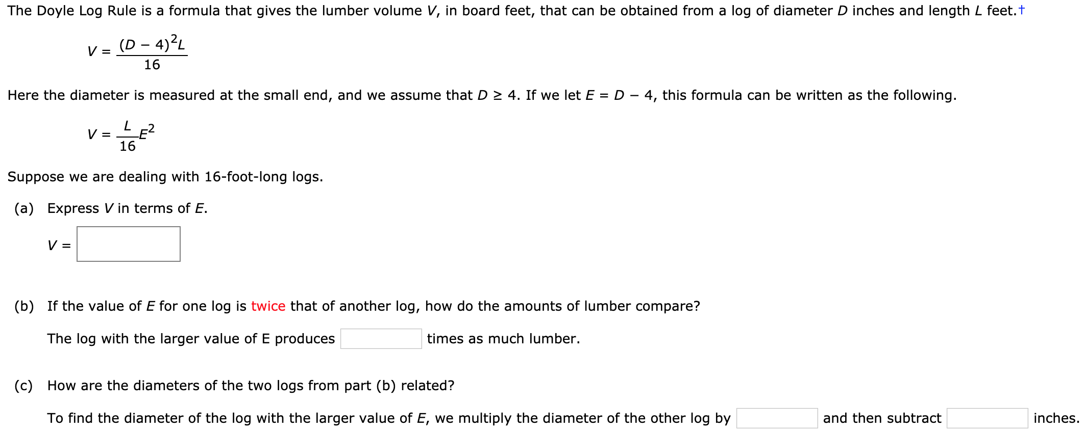 Solved the doyle log rule is a formula that gives the lumber chegg