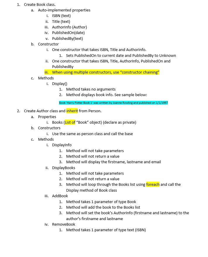 Solved 1. Create Book class. a. Auto-implemented properties | Chegg.com
