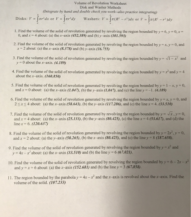 Solved Volume of Revolution Worksheet Disk and Washer