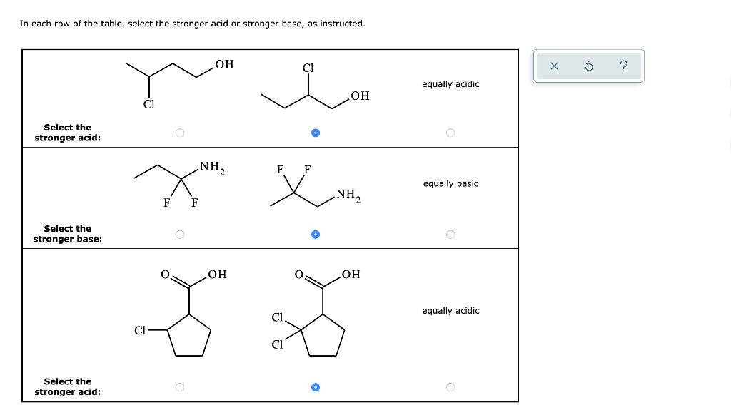 Solved In each row of the table, select the stronger acid or | Chegg.com