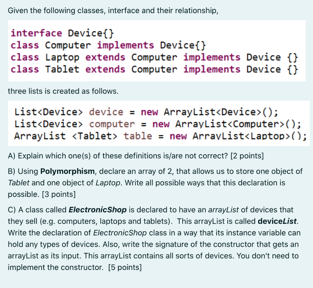 Solved Given the following classes, interface and their | Chegg.com