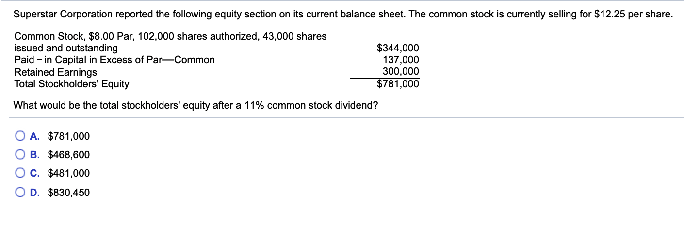 Solved Superstar Corporation Reported The Following Equity 