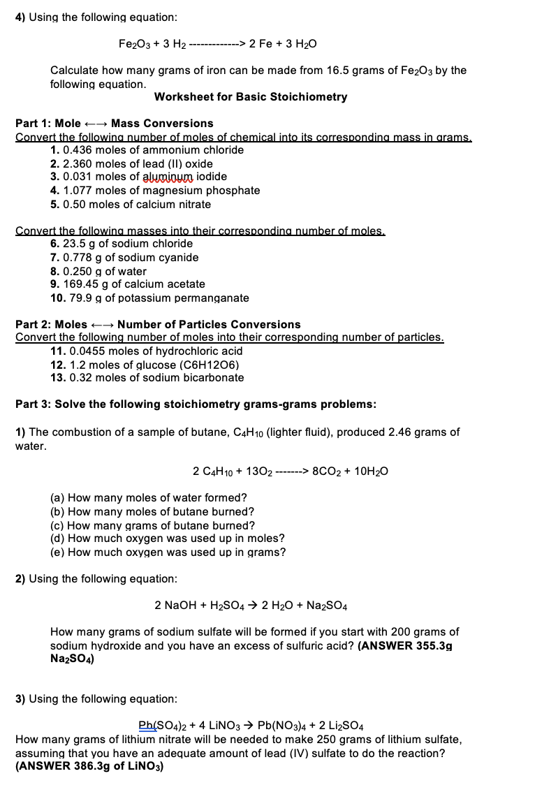 Solved 5) Using the  following equation: Fe5O5 + 5 H5  Chegg.com In Worksheet For Basic  Stoichiometry Answer