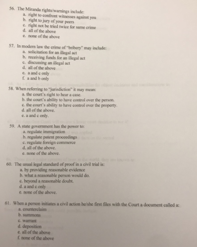Solved 56. The Miranda rights/warnings include a. right to | Chegg.com