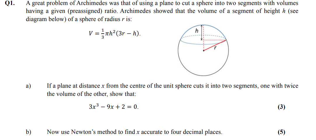 A great problem of Archimedes was that of using a | Chegg.com