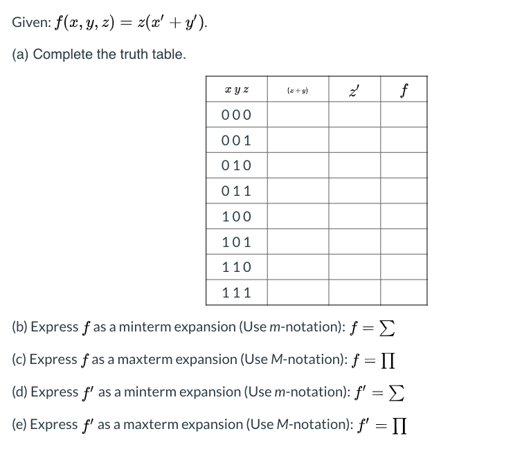 ℳ. Solved Given: f(x, y, z) = z(c' + y). (a) Complete the truth