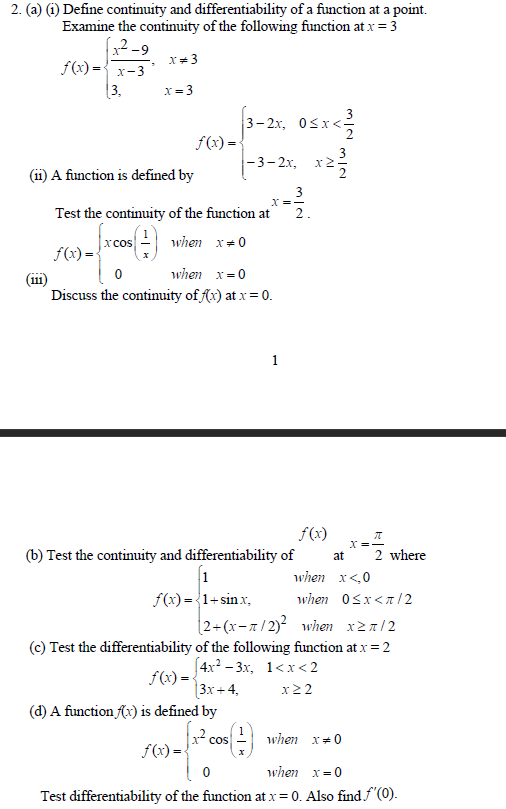 Solved 2. (a) (1) Define continuity and differentiability of | Chegg.com