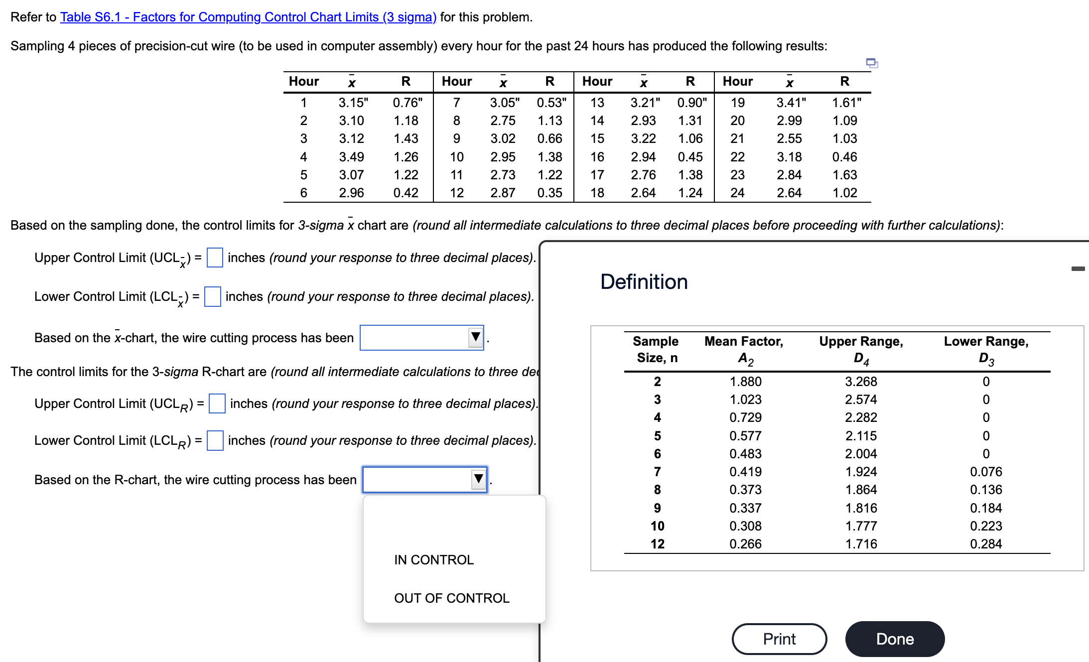 Solved Upper Control Limit (UCLxˉ)= inches (round your | Chegg.com