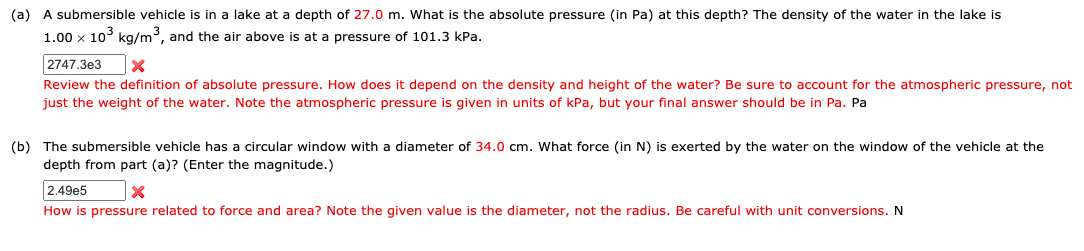 Solved (a) A submersible vehicle is in a lake at a depth of | Chegg.com