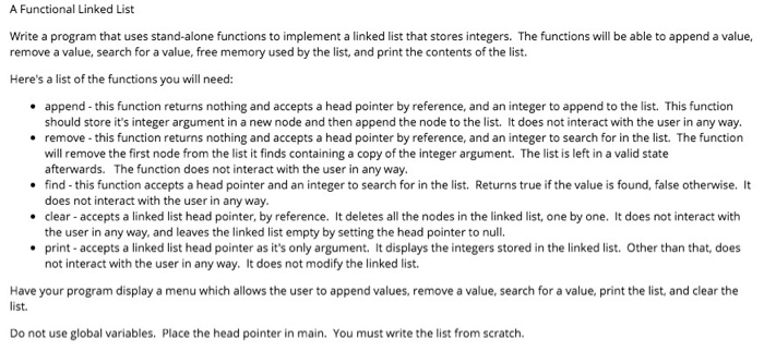 Solved A Functional Linked List Write a program that uses | Chegg.com