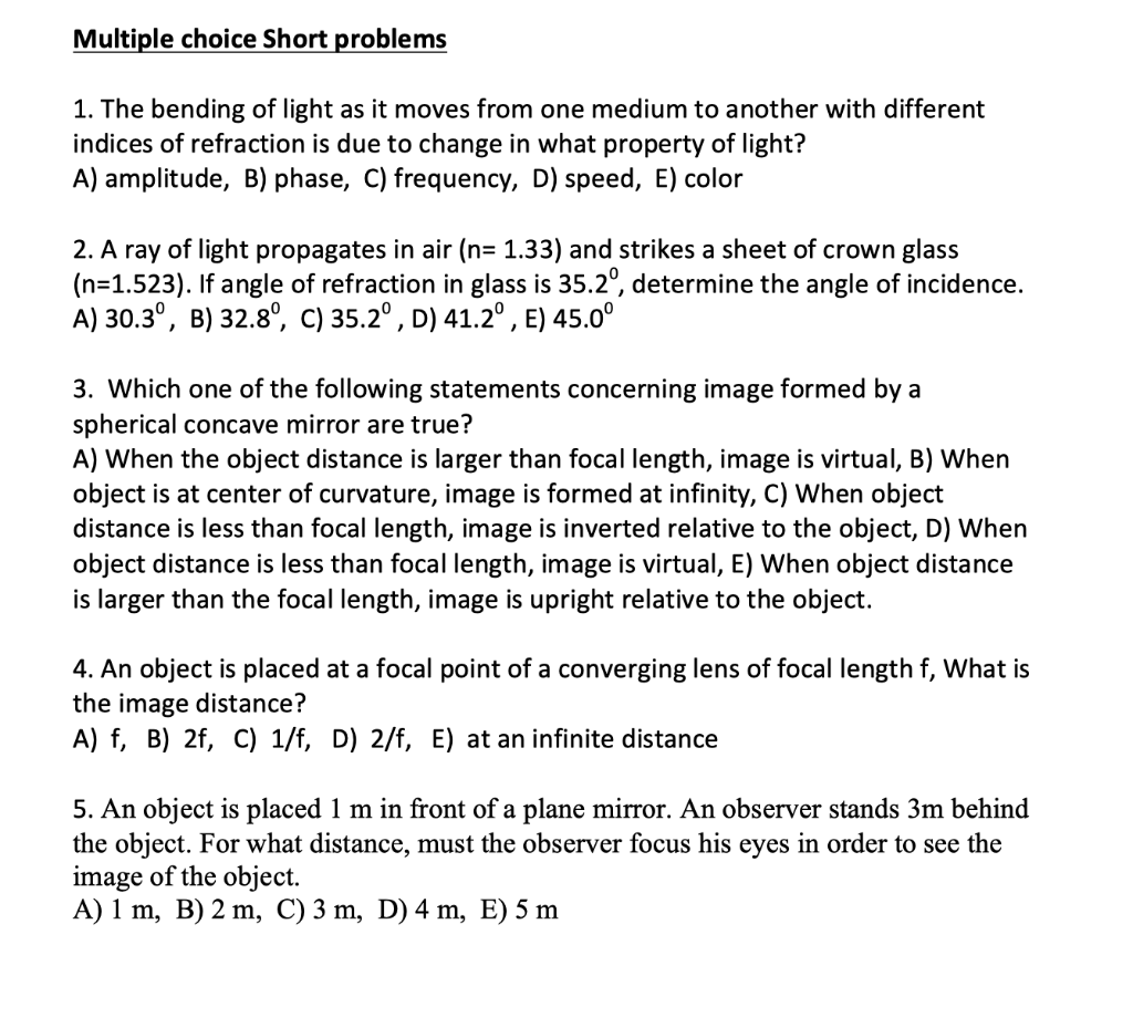 Solved Multiple choice Short problems 1. The bending of | Chegg.com