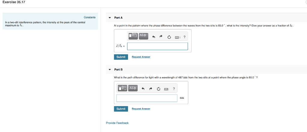 Solved Exercise 35.17 Constents Part A In a two-slit | Chegg.com