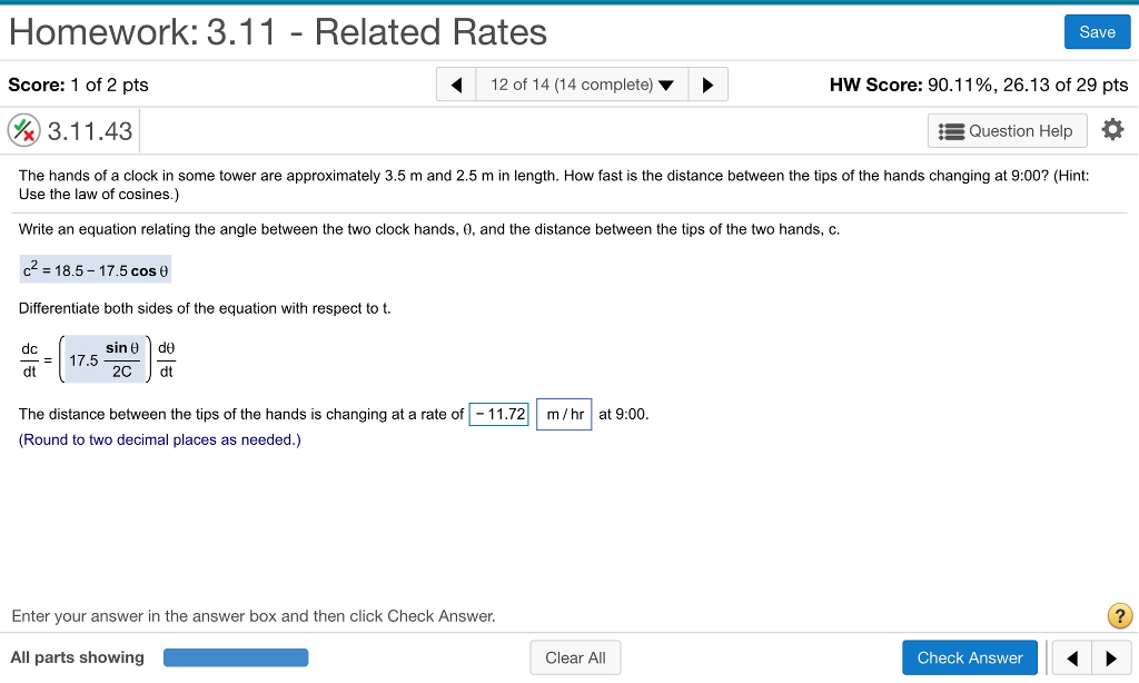 Solved Homework 3.11 Related Rates Save Score 1 of 2 pts