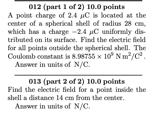 Solved 012 (part 1 of 2) 10.0 points A point charge of 2.4 | Chegg.com