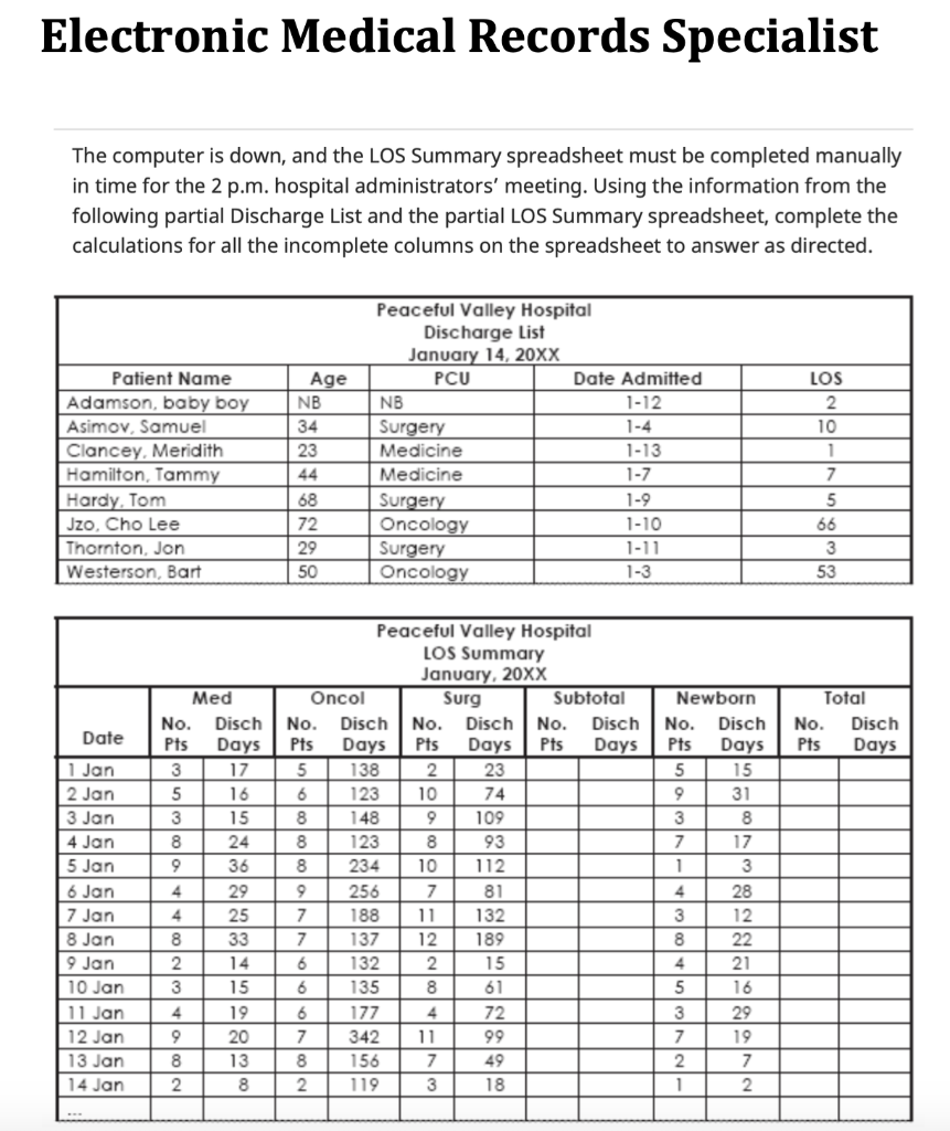 Electronic Medical Records Specialist The computer is down, and the LOS Summary spreadsheet must be completed manually in tim
