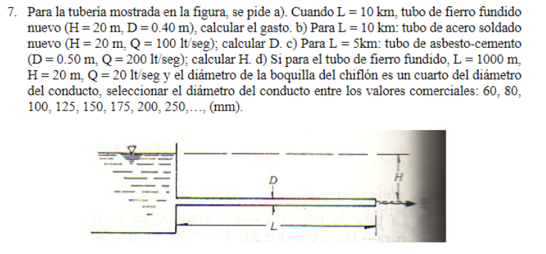 Para la tubería mostrada en la figura, se pide a). Cuando \( \mathrm{L}=10 \mathrm{~km} \), tubo de fierro fundido nuevo \( (