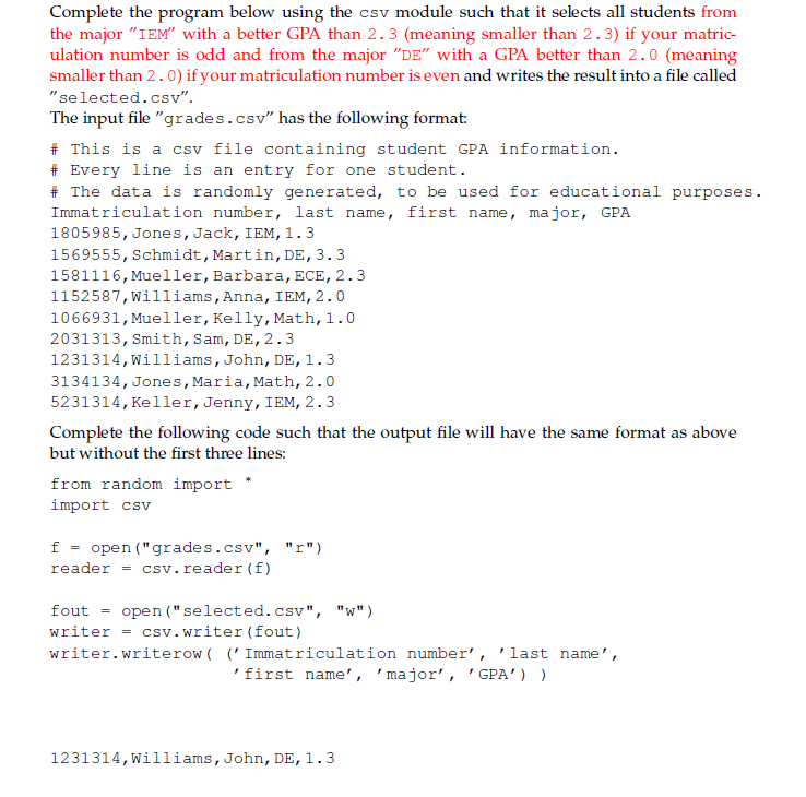 Solved Complete the program below using the csv module such | Chegg.com