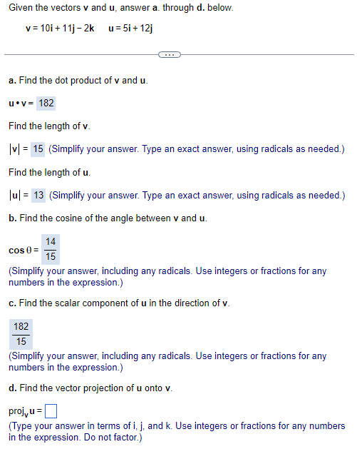 Solved Given the vectors v and u, answer a. through d. | Chegg.com