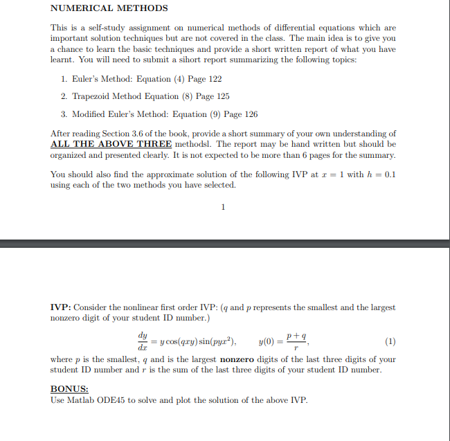 NUMERICAL METHODS This Is A Self-study Assignment On | Chegg.com