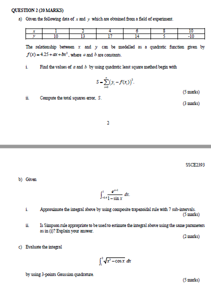 Solved QUESTION 2 (20 MARKS) a) Given the following data of | Chegg.com