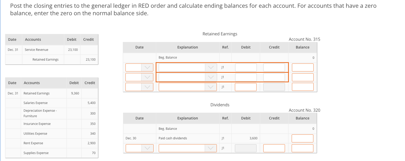 Solved Post the closing entries to the general ledger in RED | Chegg.com