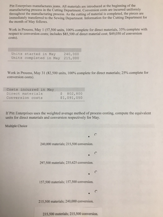 Solved Pitt Enterorises manufactures jeans. All materials