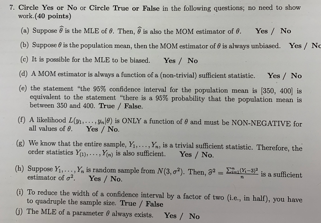 Solved 7 Circle Yes Or No Or Circle True Or False In The Chegg Com