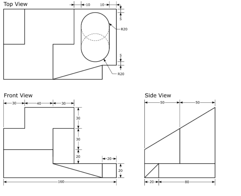 Solved Top View + -10 10 Ś R20 - R20 Front View -30- Side | Chegg.com