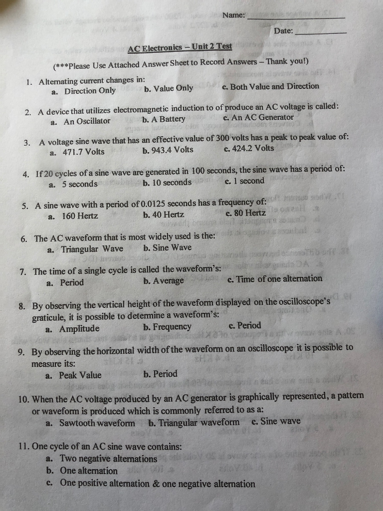 Solved Name: Date: AC Electronics - Unit 2 Test (***Please | Chegg.com
