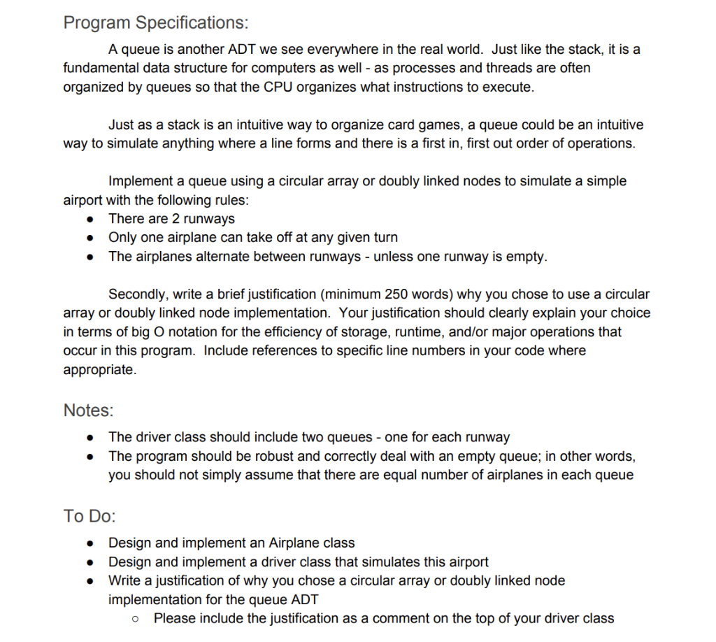 Program Specifications: A queue is another ADT we see | Chegg.com