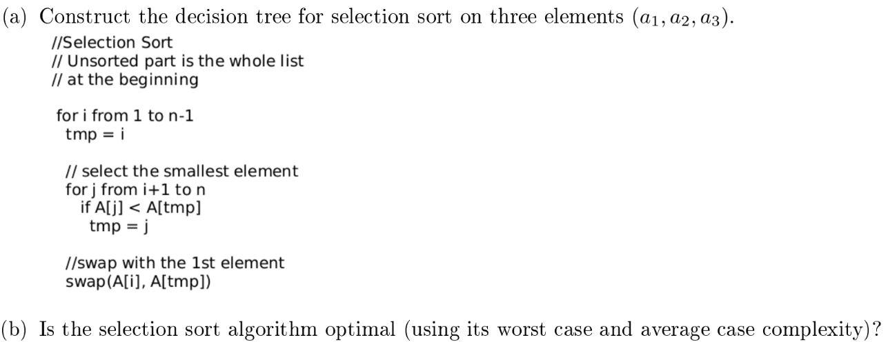 Solved (a) Construct the decision tree for selection sort on | Chegg.com