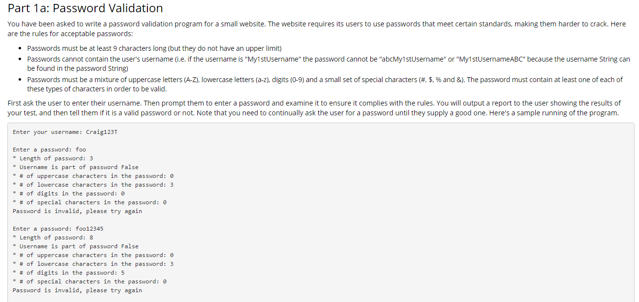 Part 1a: Password Validation You have been asked to | Chegg.com