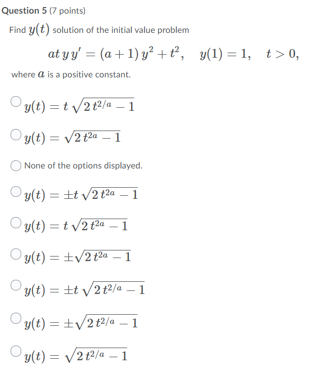 Solved Question 5 (7 points) Find y(t) solution of the | Chegg.com