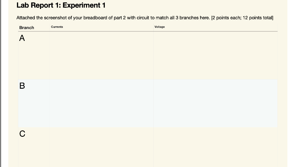 Solved Experiment 1: Measuring current and voltage Branch | Chegg.com