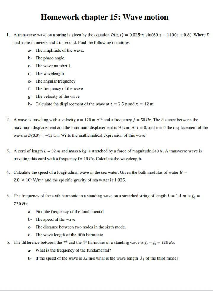 Solved Homework chapter 15: Wave motion 1. A transverse wave | Chegg.com