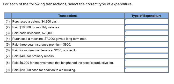 Solved For each of the following transactions, select the | Chegg.com