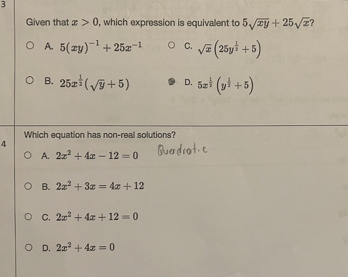 Solved Given that x>0, which expression is equivalent to Chegg