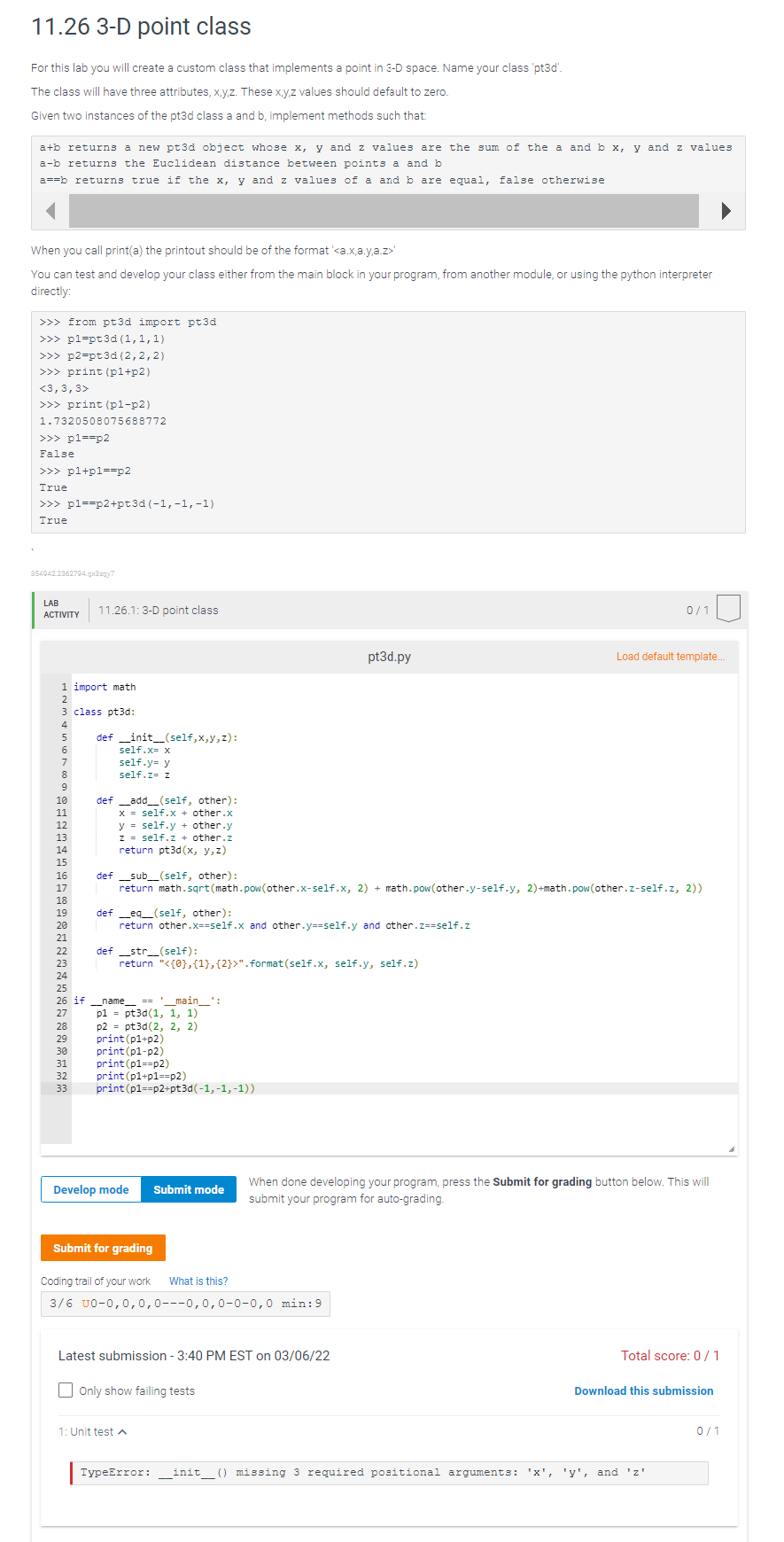 Solved 11.26 3-D point class For this lab you will create a | Chegg.com