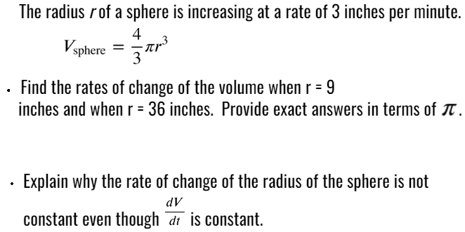 Solved The radius r of a sphere is increasing at a rate of 3 | Chegg.com