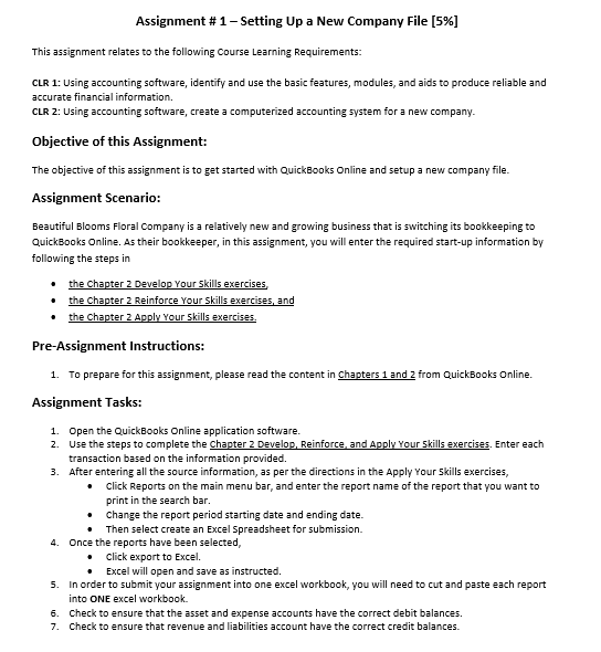 Assignment # 1 - Setting Up a New Company File [5\%] | Chegg.com