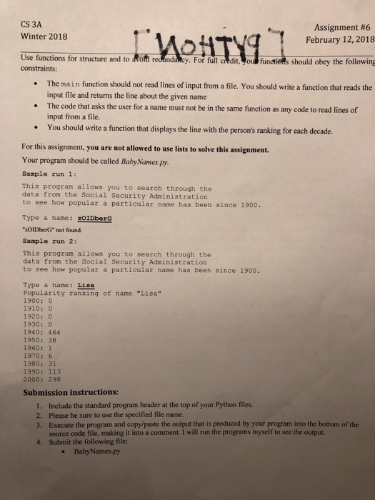 Solved Assignment #6 February 12, 2018 CS 3A [PYTHON] Winter | Chegg.com