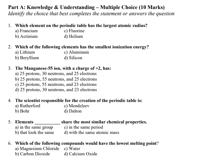 Solved Part A: Knowledge & Understanding - Multiple Choice 