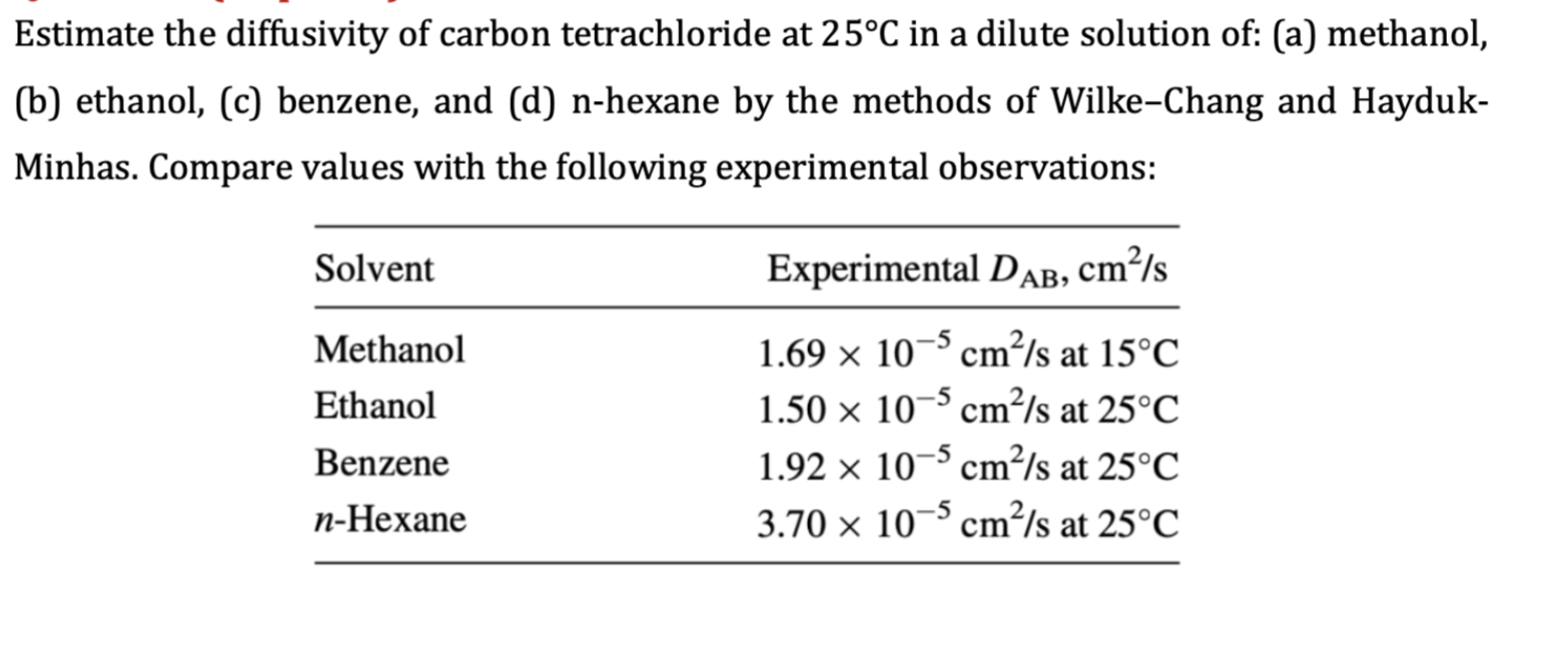 [Solved]: Estimate the diffusivity of carbon tetrachloride