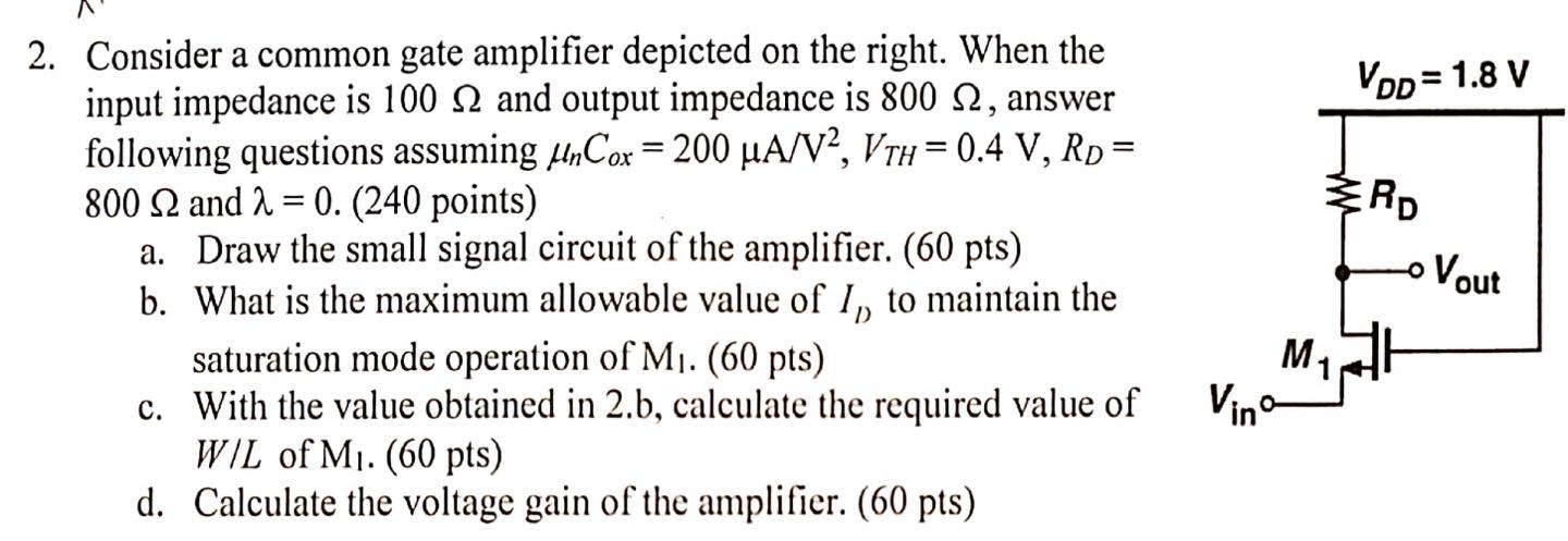 Solved 2. Consider a common gate amplifier depicted on the | Chegg.com