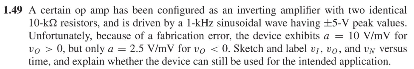 .49 A certain op amp has been configured as an inverting amplifier with two identical \( 10-\mathrm{k} \Omega \) resistors, a