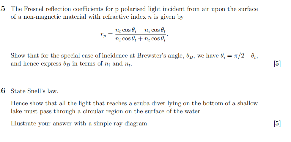 Solved 5 The Fresnel reflection coefficients for p polarised | Chegg.com