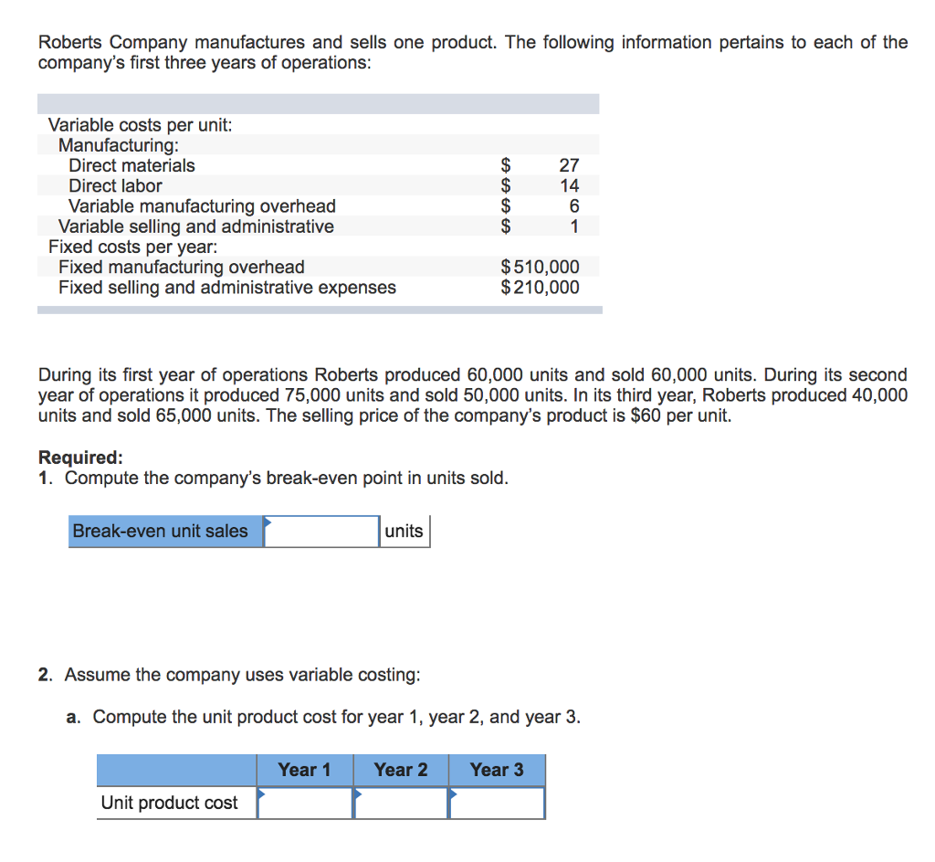 Solved Roberts Company Manufactures And Sells One Product Chegg Com